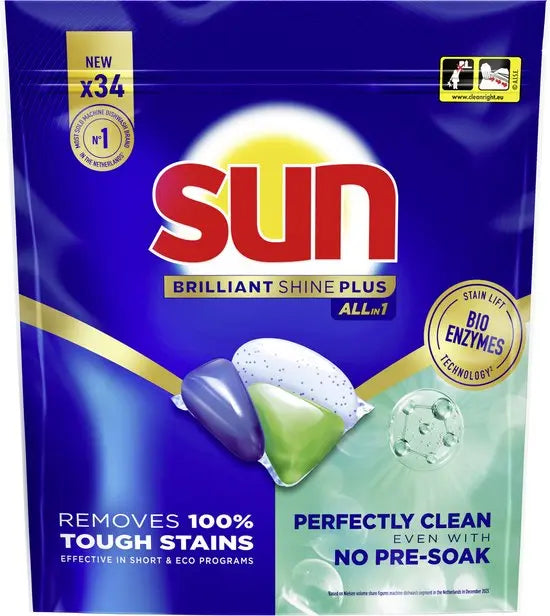 Sun Vaatwastabletten – Brilliant Shine + All-in-1 – 34 stuks Sun